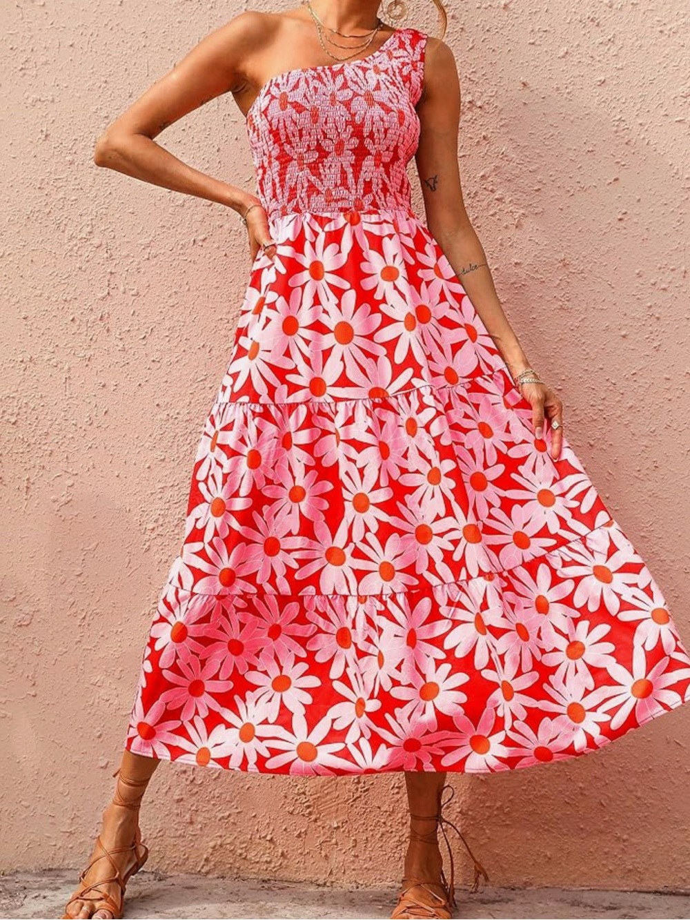 Sundress by BTFBM Smocked Bodice One-Shoulder Pink & Red Floral Maxi Dress - Picture 4 of 4